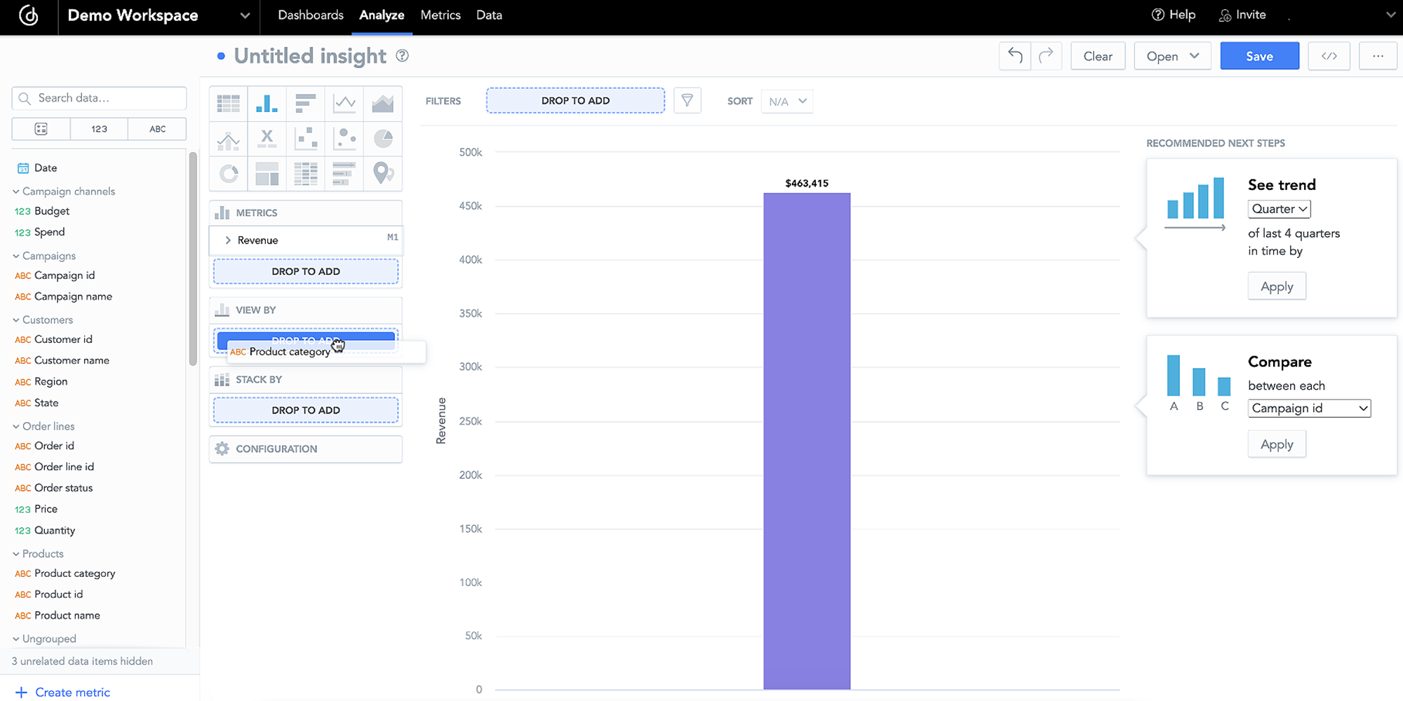 Users can drag and drop datasets from the left panel Drag and drop datasets in UI